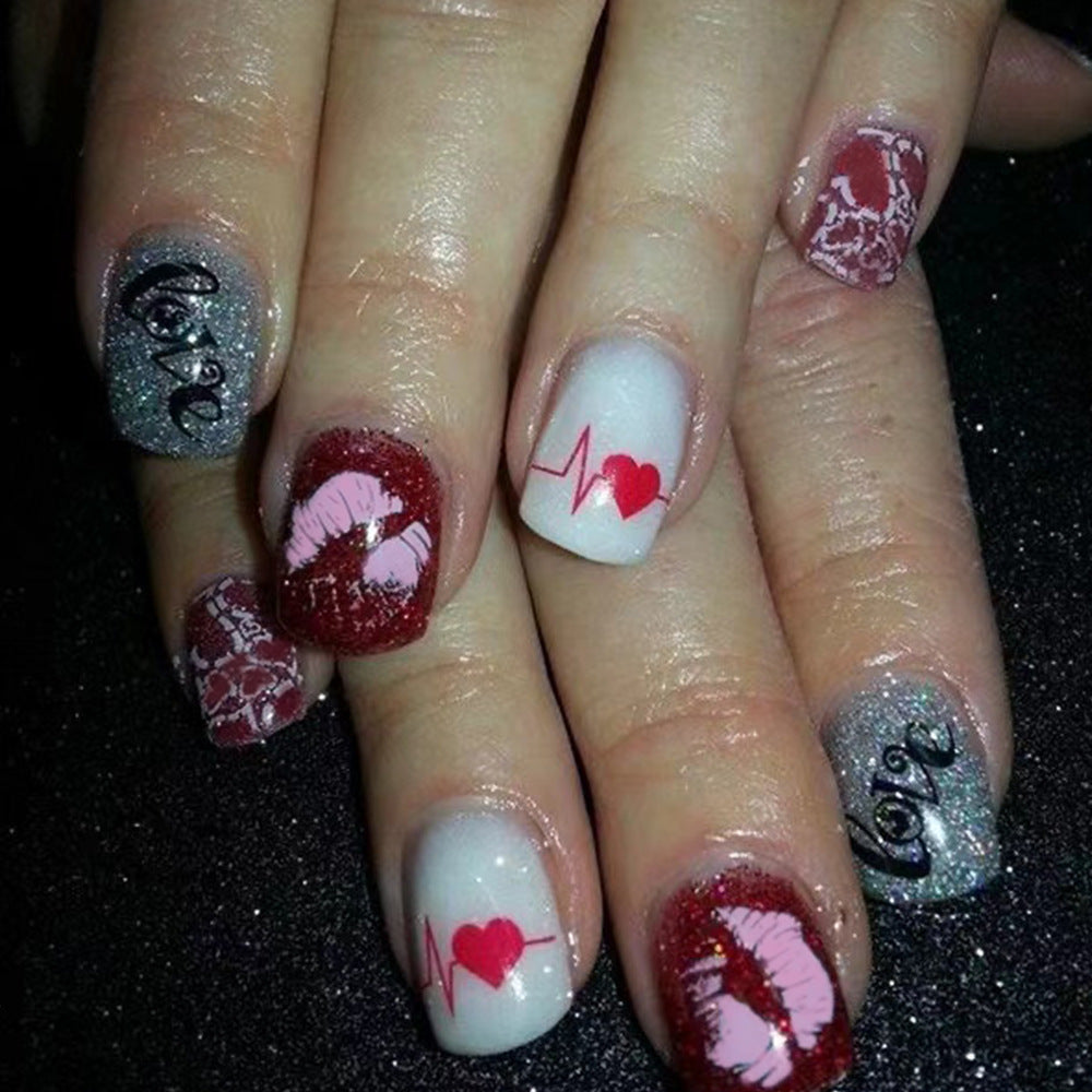Romantic Heartbeat Inspired Short Squoval Glittery Red and Silver Press On Nail Set with Love and Kiss Designs