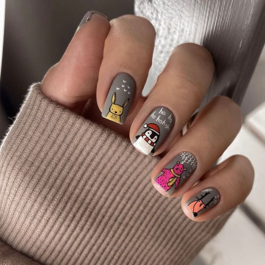 Festive Holiday Charm Medium Square Gray Nail Set with Whimsical Animal Designs