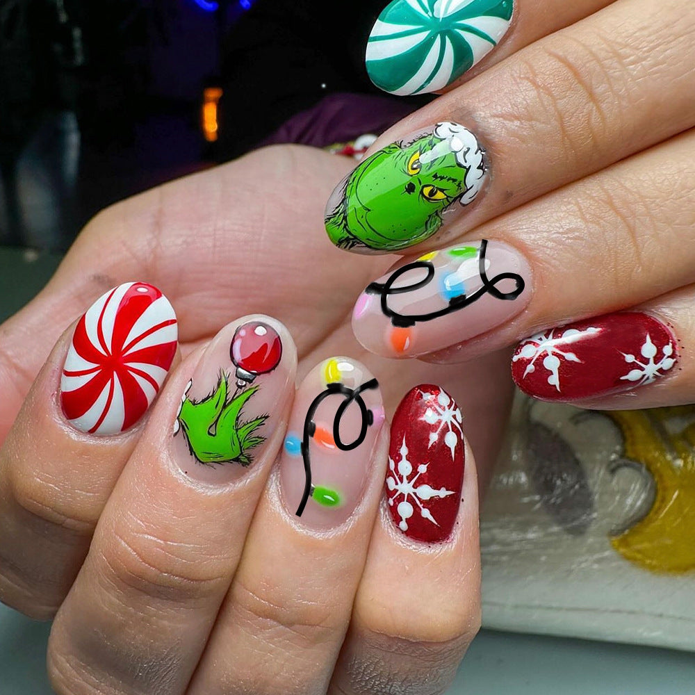 Festive Holiday Cheer Short Oval Red and Green Colorful Design with Whimsical Character Press-On Nail Set
