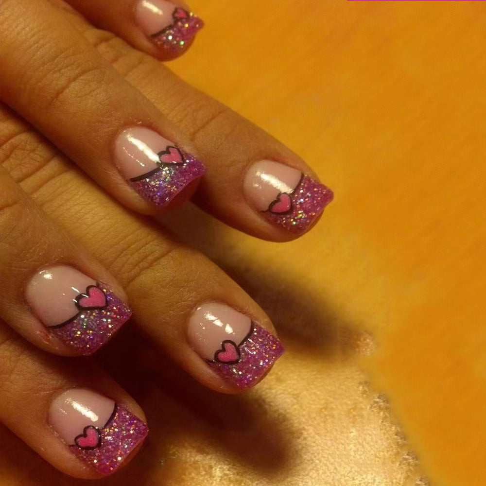 Love Sparkle Fantasy Press On Nail Set Short Square Pink with Glitter and Heart Detail