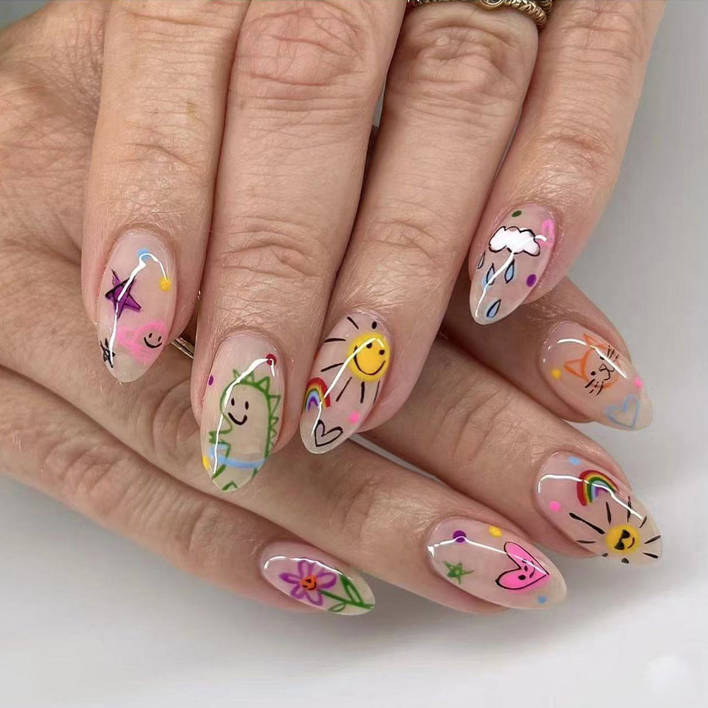Playful Sunshine Fantasy Short Almond Clear Press On Nail Set with Colorful Hand-Drawn Art Designs