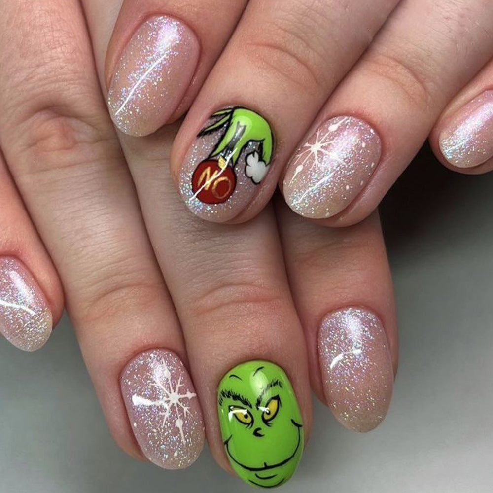 Whimsical Holiday Glam Press On Nail Set Short Oval Sparkling Pink with Festive Grinch Design