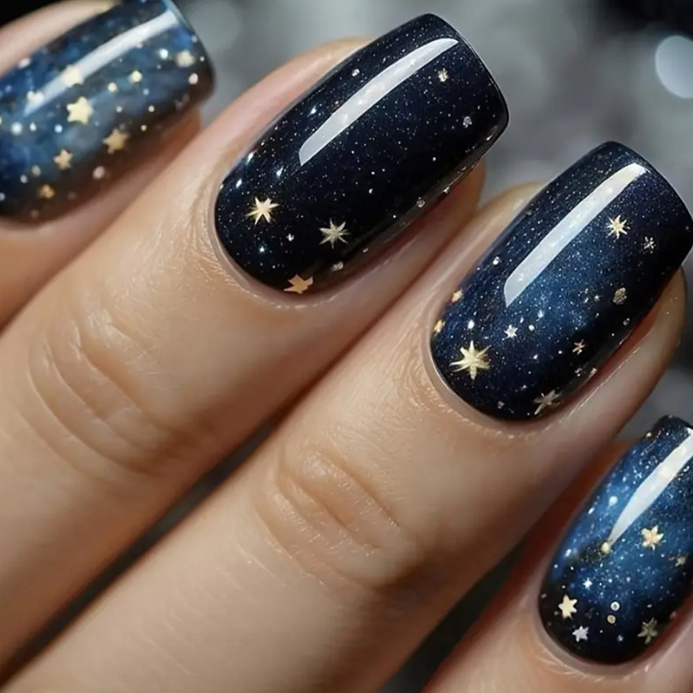 Celestial Dream Medium Square Midnight Blue Glitter Stars Press-On Nails Set