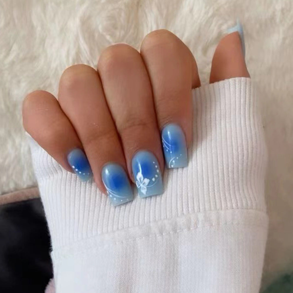 Ocean Breeze Ombre Short Square Light Blue Nail Set with Butterfly Design