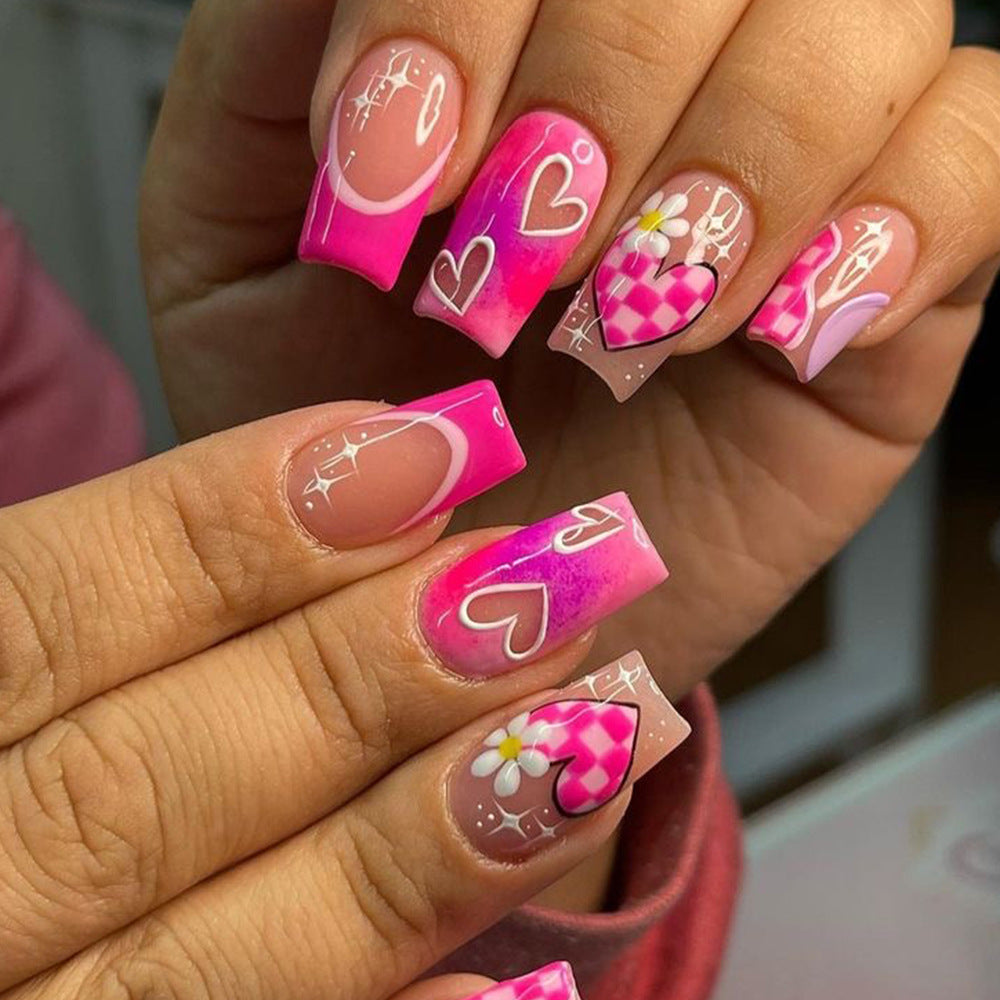 Romantic Bliss Medium Square Gradient Pink Press On Nail Set with Heart and Floral Designs