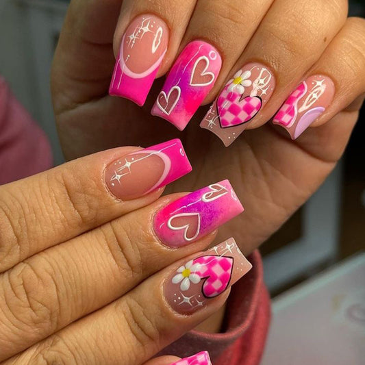 Romantic Bliss Medium Square Gradient Pink Press On Nail Set with Heart and Floral Designs