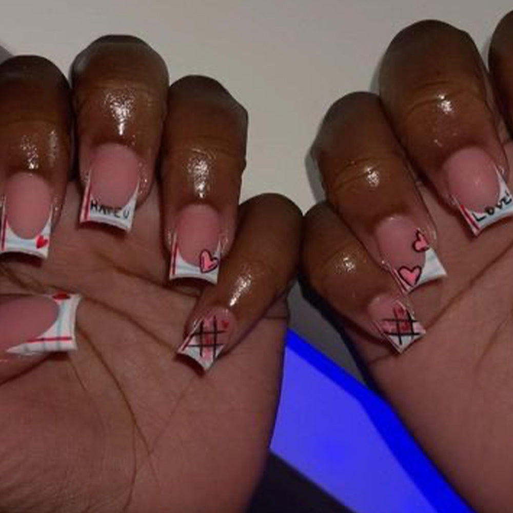 Sweet Romance Medium Square Pink Press On Nail Set with Heart and Love Letter Design