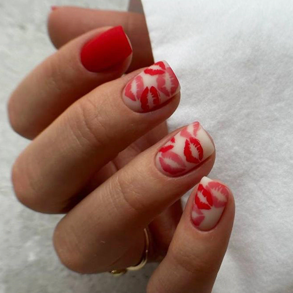 Romantic Kiss Themed Short Square Red and Pink Press On Nail Set with Charming Lip Print Design