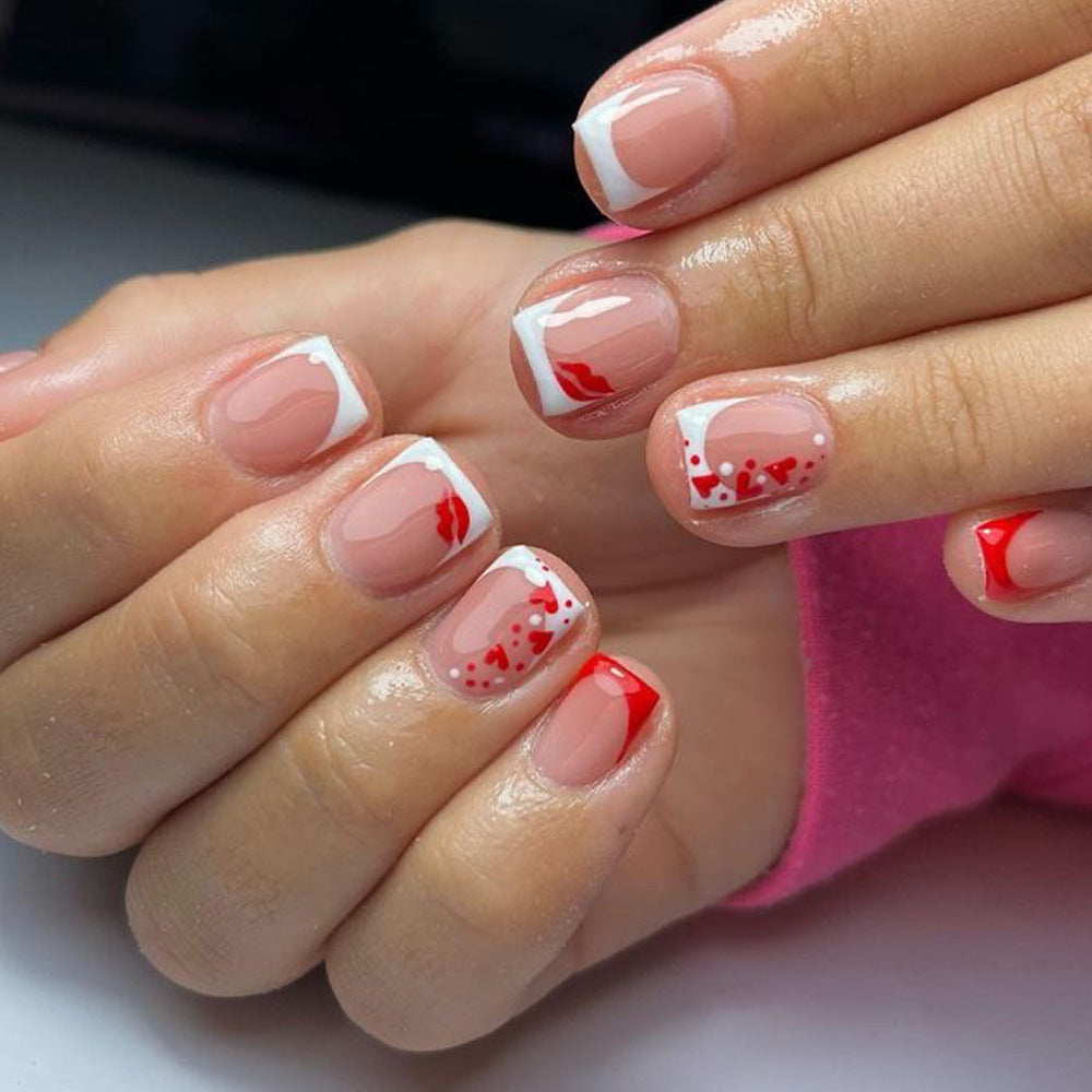Charming Romance Short Square Press On Nail Set in Natural Length with Elegant White Tips and Flirty Red Kiss Accents