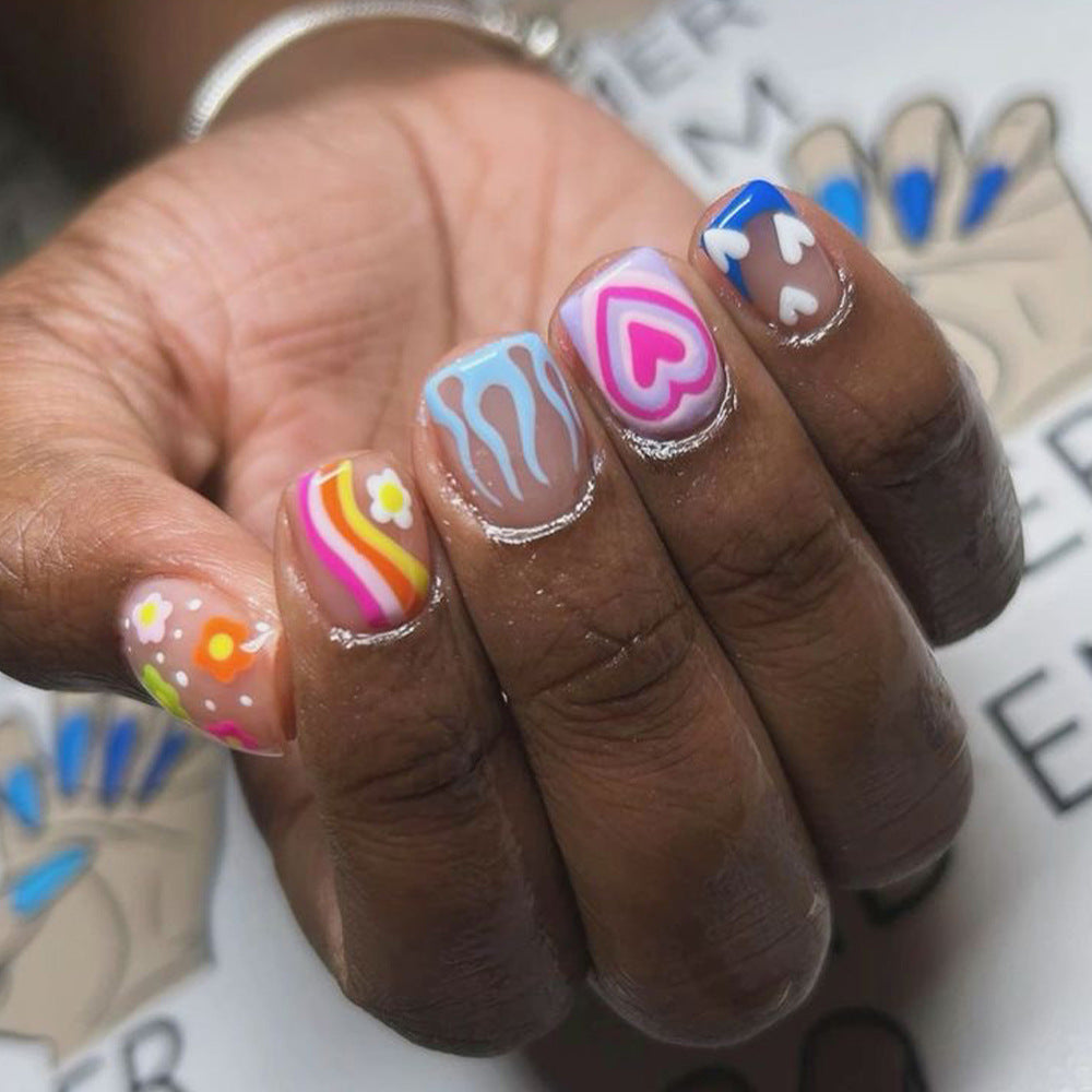 Whimsical Vibes Short Square Colorful Multicolor Artistic Designs Press On Nail Set