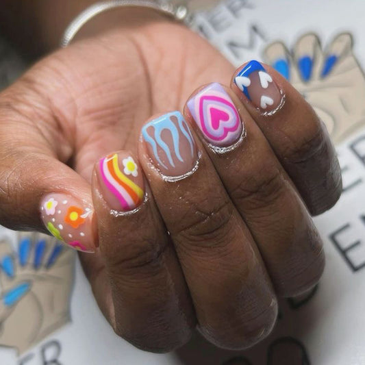 Whimsical Vibes Short Square Colorful Multicolor Artistic Designs Press On Nail Set