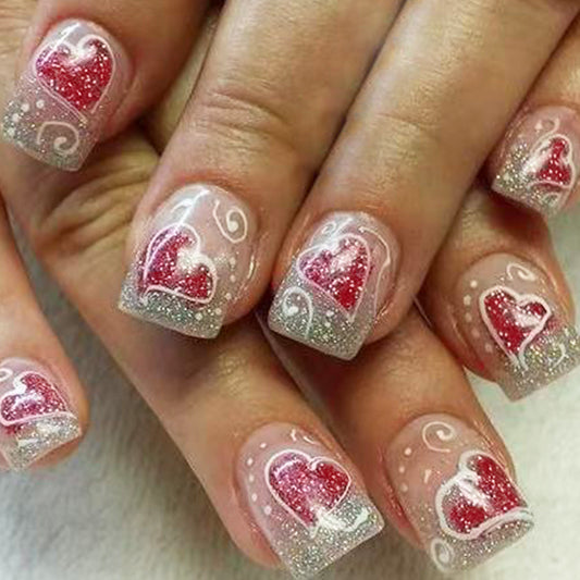 Romantic Heart Shaped Clear Glitter Medium Square Press On Nail Set with Red Heart Designs