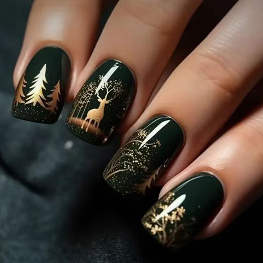 Nature Inspired Medium Square Dark Green Nails with Gold Forest and Deer Design
