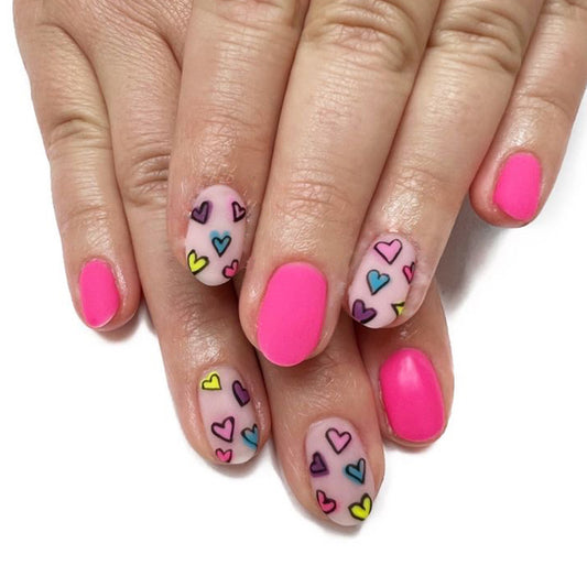 Heartfelt Glamour Pink Short Oval Press-On Nail Set with Colorful Heart Designs