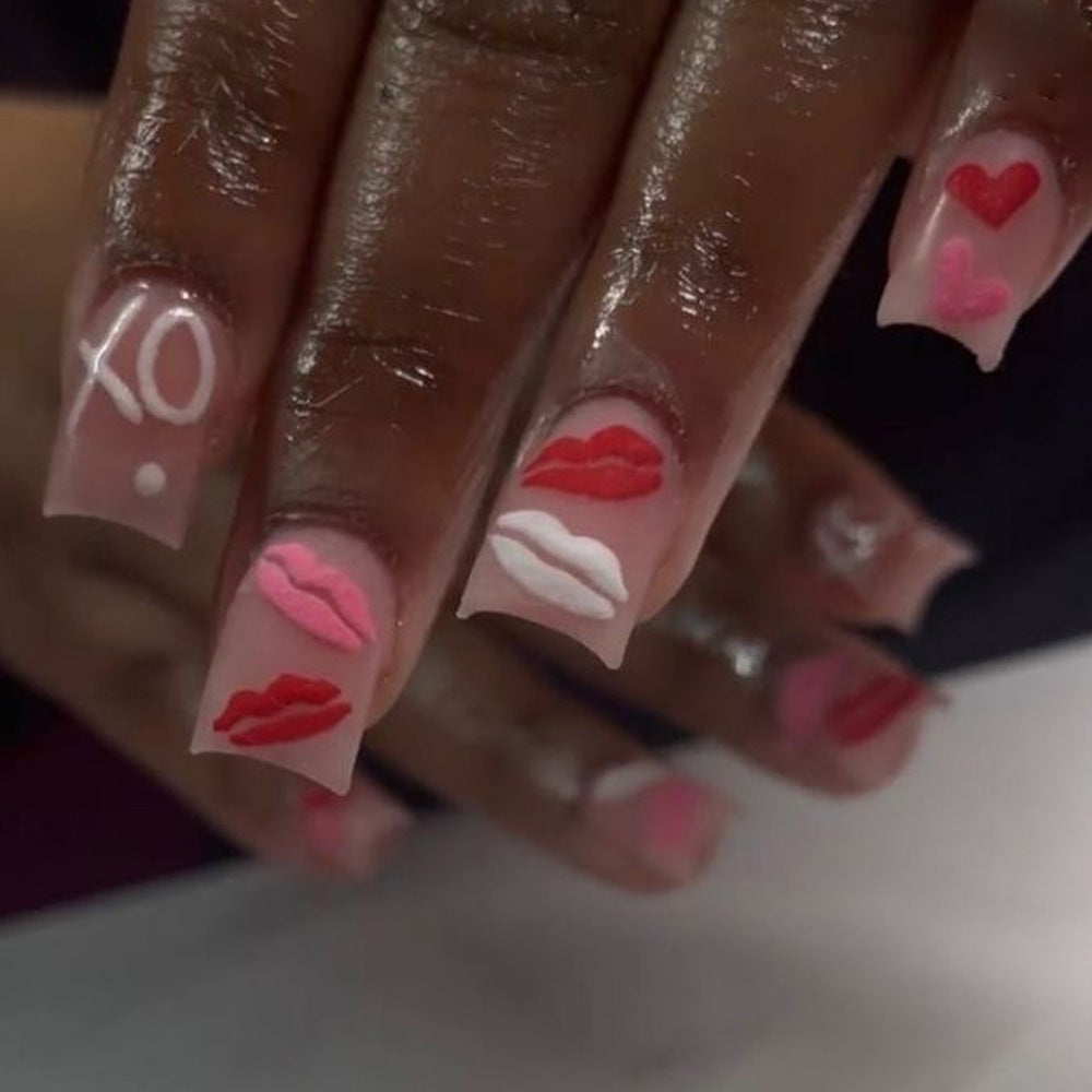 Romantic Whimsy Medium Square Pink and White Glossy Nail Set with Cute Lip Designs