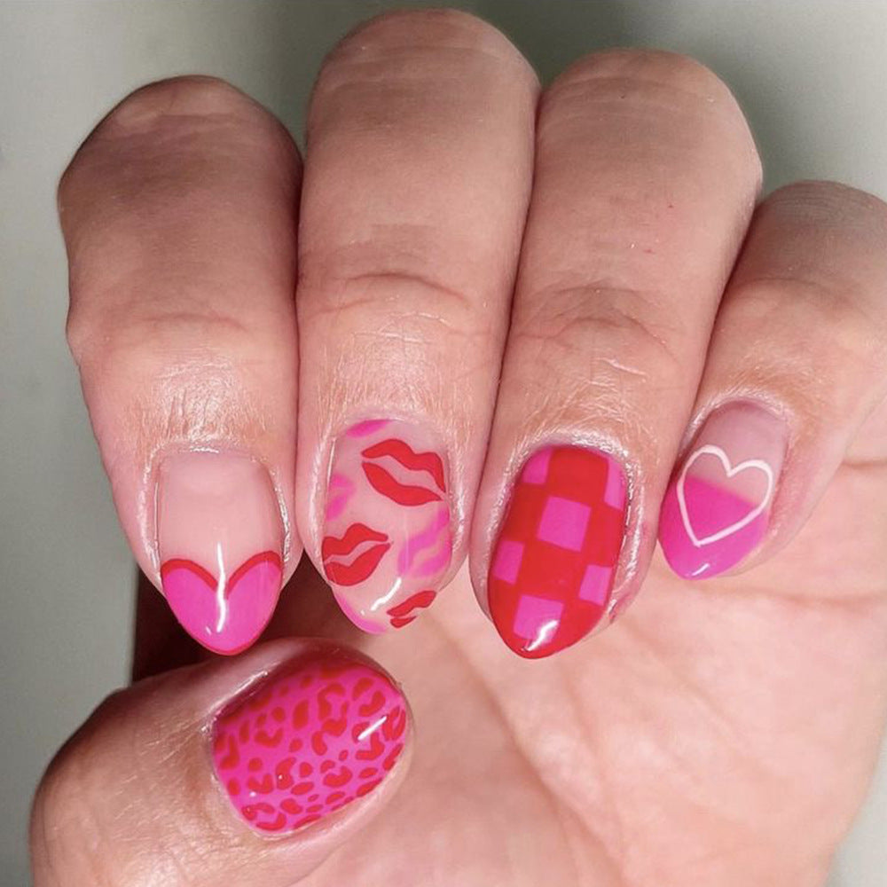 Charming Romance Short Almond Pink Press On Nail Set with Playful Patterns and Glossy Finish