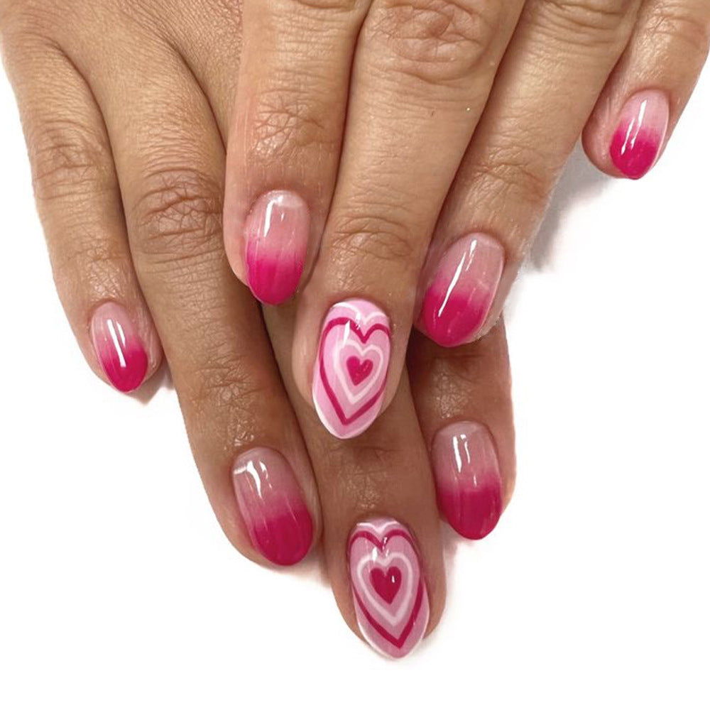 Romantic Love Inspired Short Almond Shaped Gradient Pink Press On Nail Set with Heart Design