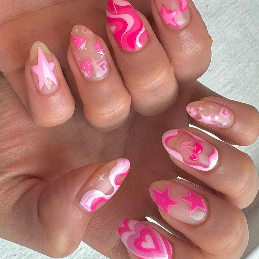 Charming Dreamland Pink Short Almond Press-On Nail Set with Whimsical Star and Heart Designs