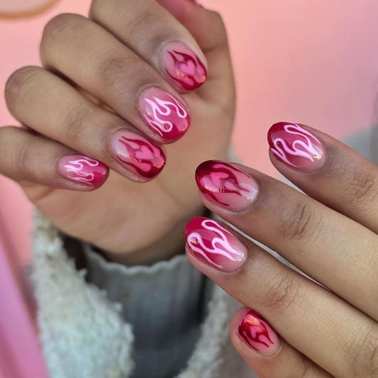 Fiery Romance Press On Nail Set Short Oval Red Ombre with Artistic Flame Design