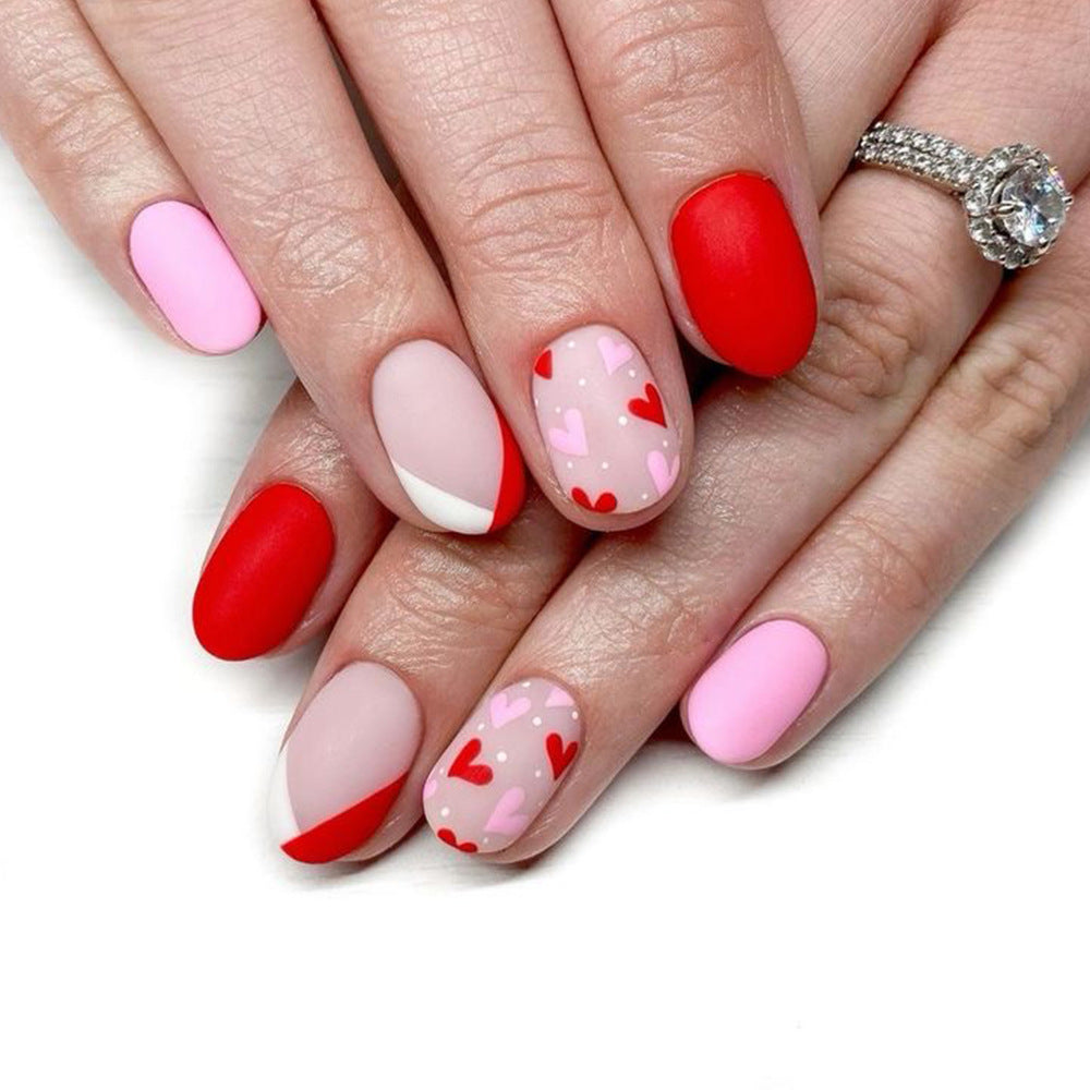 Love Inspired Oval Short Red and Pink Nail Set with Adorable Heart Patterns