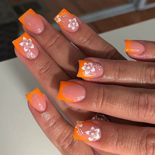 Tropical Vibes Medium Square Press On Nail Set in Bright Orange with Floral Design