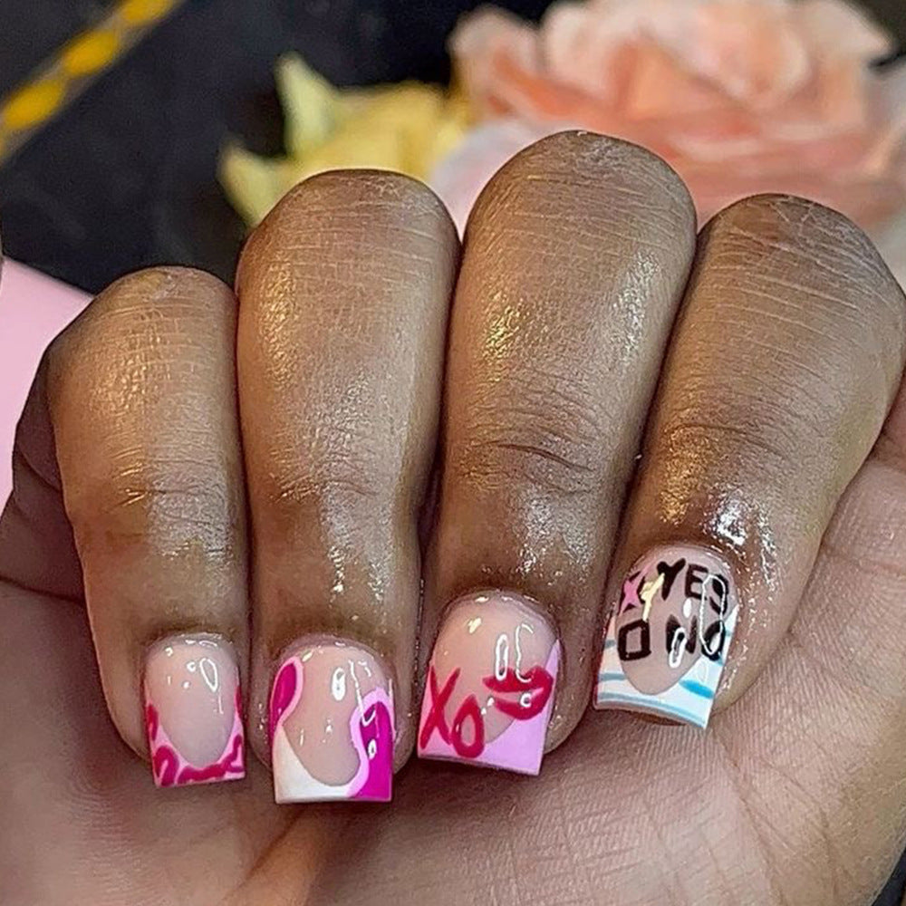 Valentine's Day Vibes Square Short Pink and White Nail Set with Playful Love Themed Designs