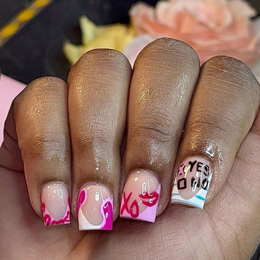 Valentine's Day Vibes Square Short Pink and White Nail Set with Playful Love Themed Designs