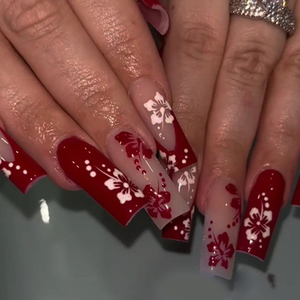 Tropical Blossom Extra Long Square Red and Clear Press on Nail Set with Elegant Floral Design
