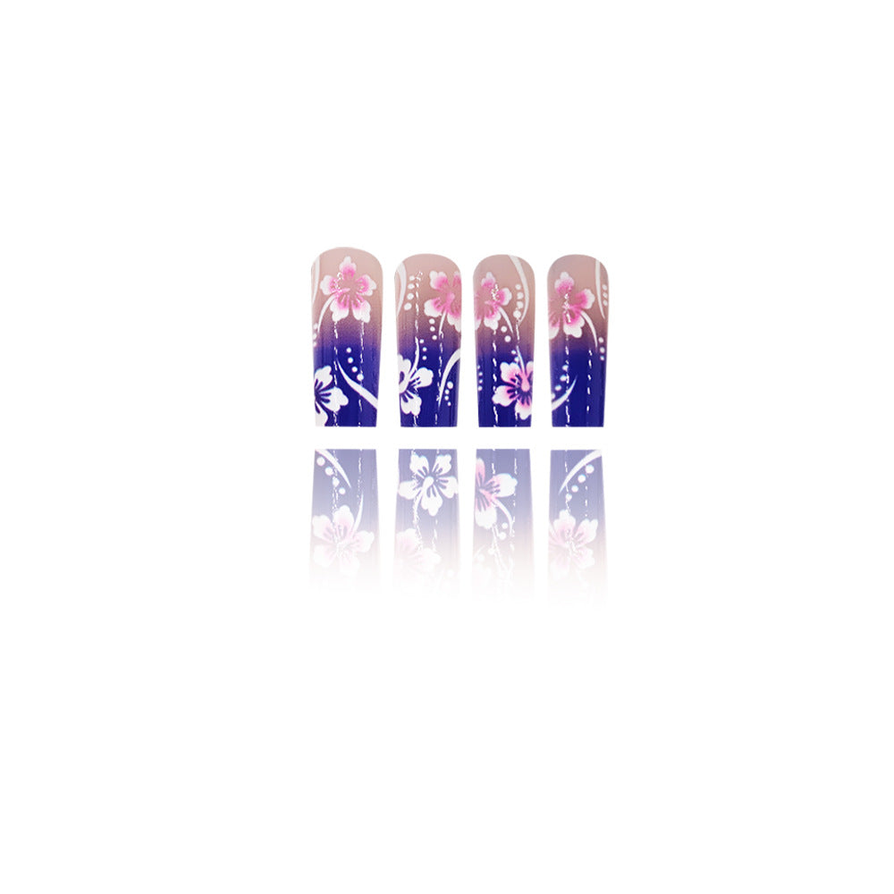 Floral Fantasy Long Square Ombre Purple with Elegant Blossom Design Press On Nail Set