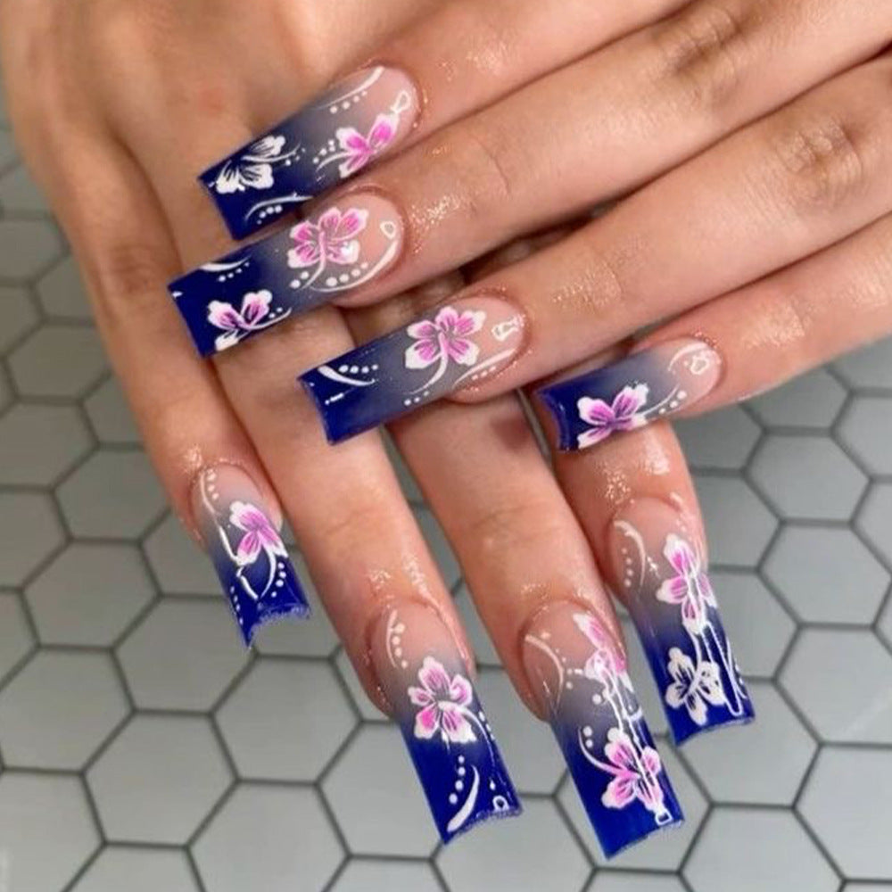 Garden of Elegance Long Square Blue Ombre Press on Nail Set with Delicate Floral Accents