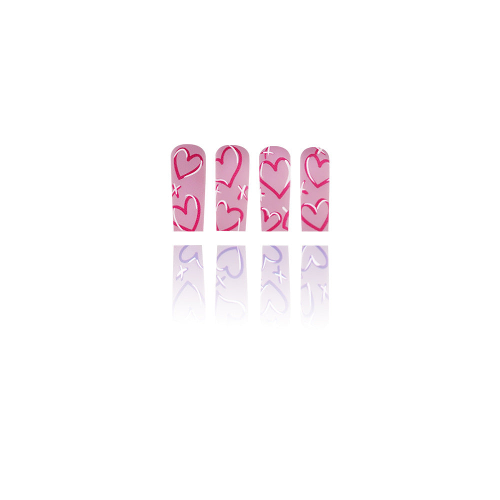 Romantic Flare Long Square Pink and Purple Heart Press Nail Set with Glossy Finish