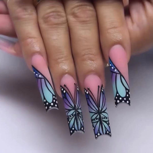 Enchanting Butterfly Dream Long Square Shaped Pastel Blue and Purple Gradient Press On Nail Set with Intricate Artistic Detailing