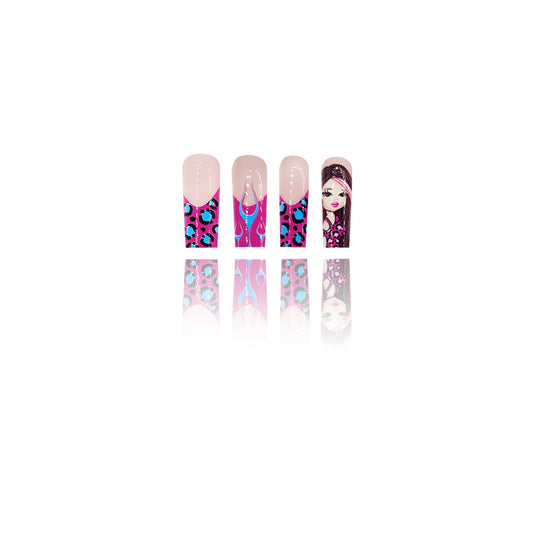 Funky Glamour Long Square Shape Pink and Blue Leopard Design Press On Nail Set