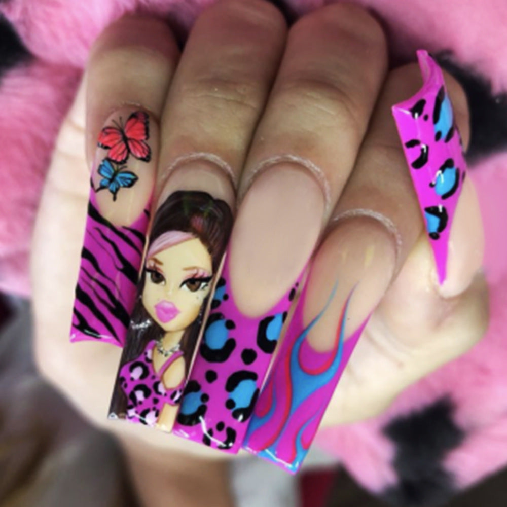 Bold Fashionista Vibes Long Square Shaped Bright Pink with Eye-Catching Animal Print Design Press On Nail Set