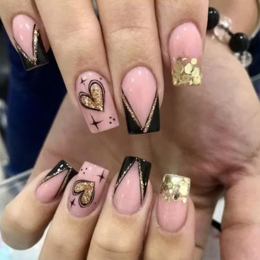 Glamorous Romance Medium Square Blush Pink Black and Gold Glittering Design Press On Nail Set