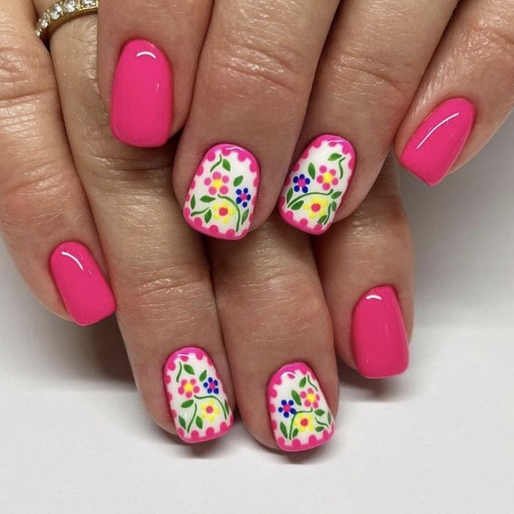 Spring Blossom Delight Press On Nail Set in Short Length Square Shape Bright Pink with Floral Accent Design