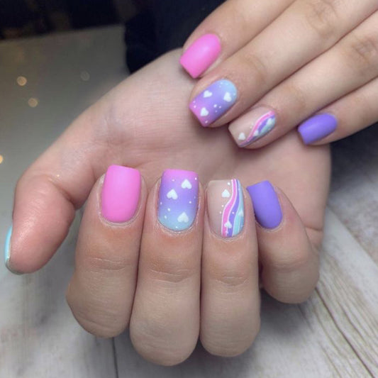 Whimsical Heartbeat Ombre Short Square Medium Length Lavender Pink Nail Set with Iridescent Design