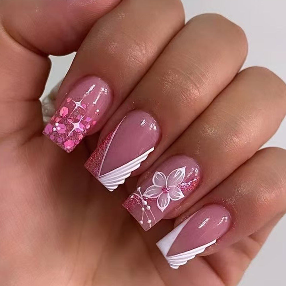 Blossoming Elegance Short Square Pink Press On Nail Set with Glitter and Floral Design