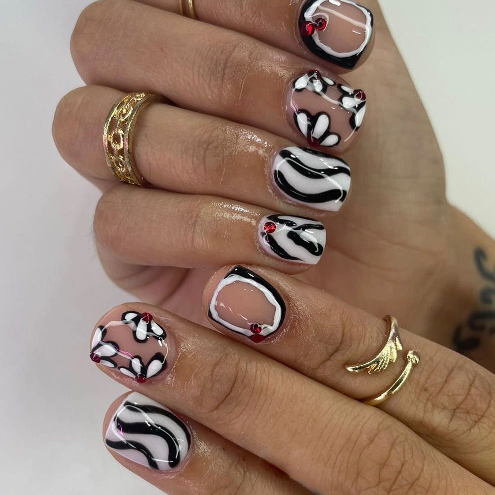 Chic Elegance Artfully Shaped Short Square Black and White with Eye-catching Floral Accents Nail Set