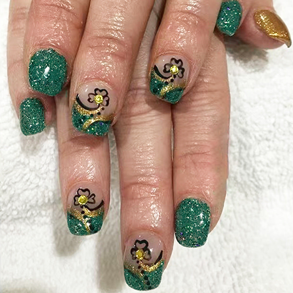 Emerald Enchantment Short Square Glittery Green Press On Nail Set with Floral Accents