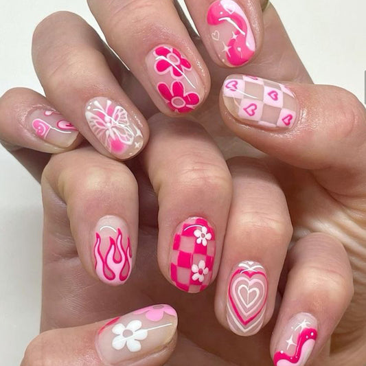 Charming Blossom Fantasy Short Round Pink Press On Nail Set with Whimsical Floral Designs