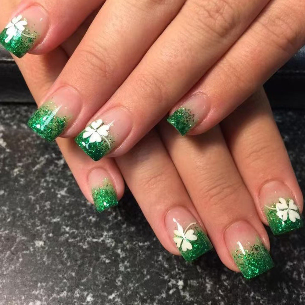 Emerald Enchantment Short Square Glittery Green Press On Nail Set with Elegant Floral Design