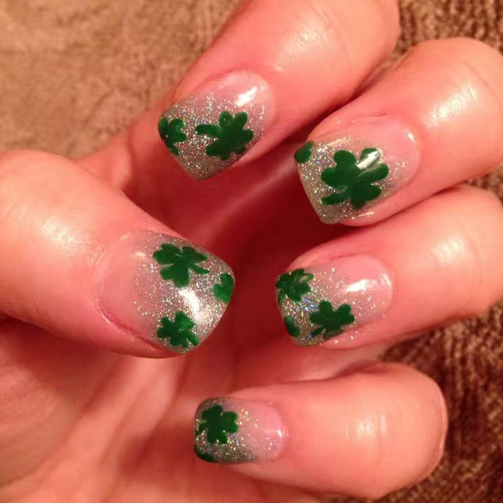 Luck of the Irish Short Square Glittery Transparent Green Shamrock Press-On Nail Set