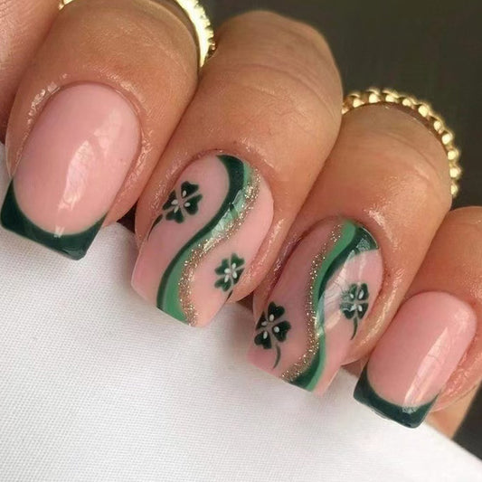 Nature-Inspired Elegant Short Square Press On Nail Set in Soft Pink and Deep Green with Floral Wave Design
