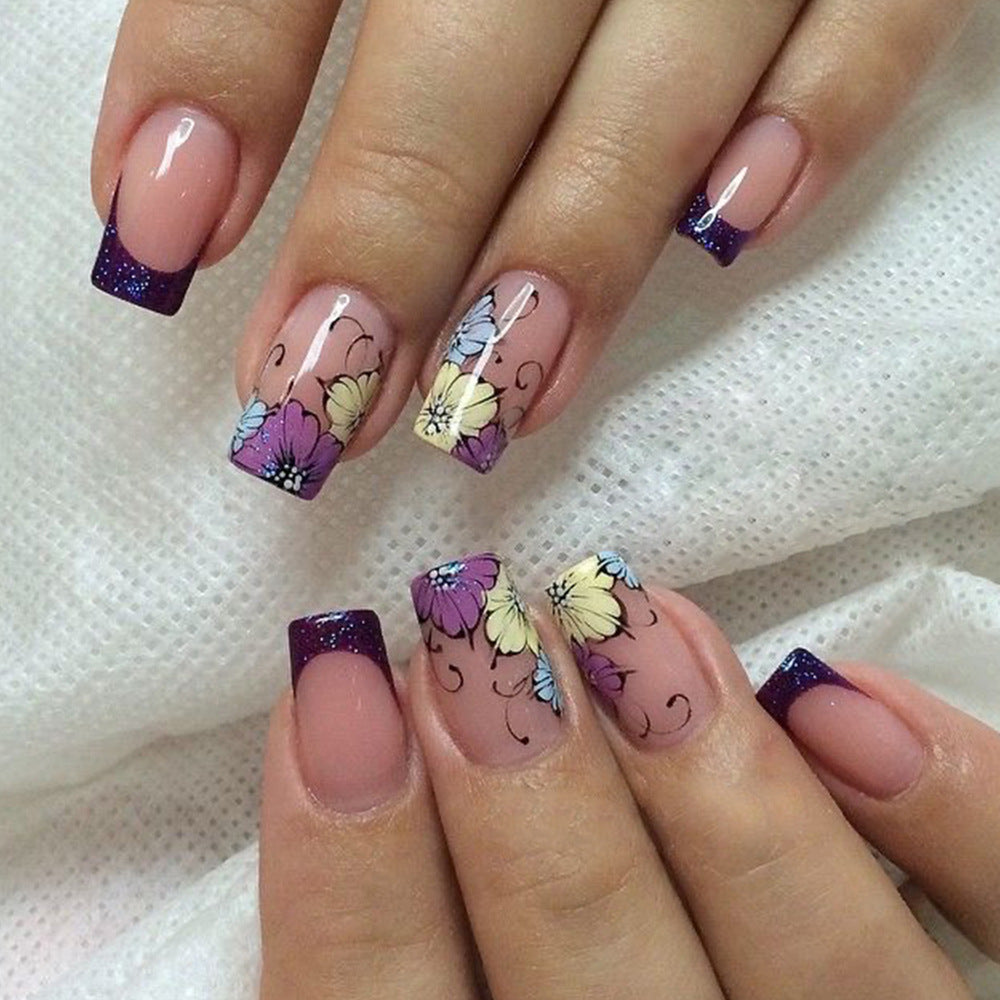 Floral Elegance Medium Square Purple Glitter Tips with Colorful Flower Accents Press On Nail Set