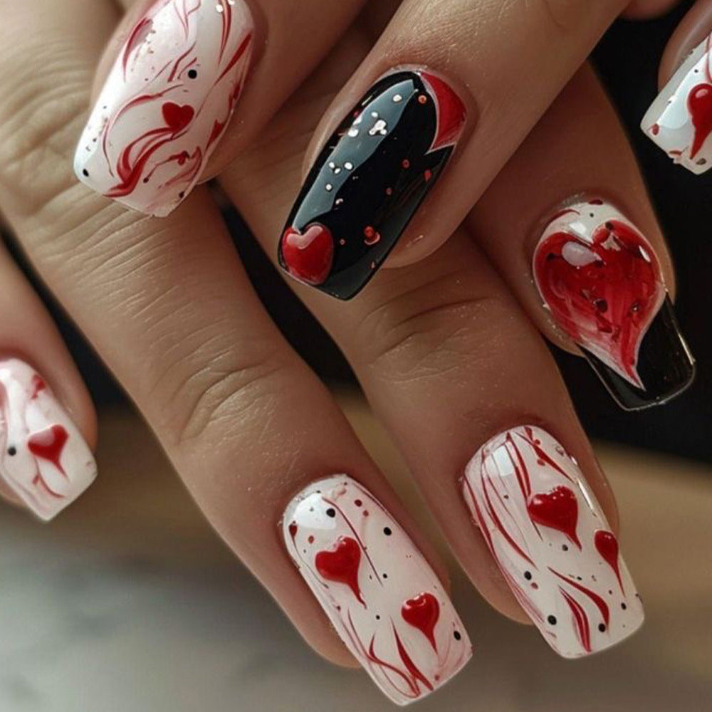 Romantic Heartfelt Medium Square Press On Nail Set in White Red and Black with Swirled Design
