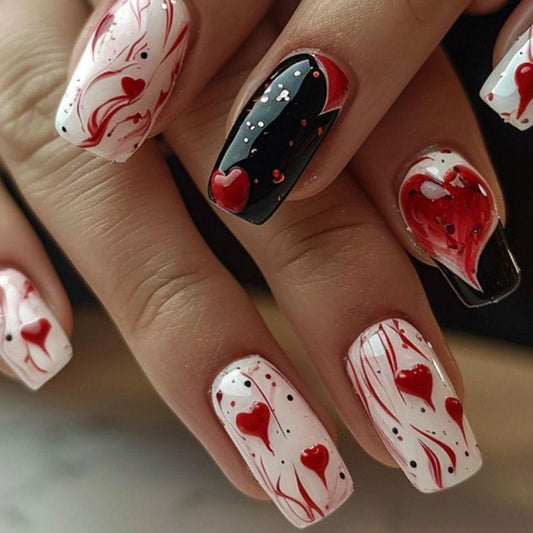 Romantic Heartfelt Medium Square Press On Nail Set in White Red and Black with Swirled Design