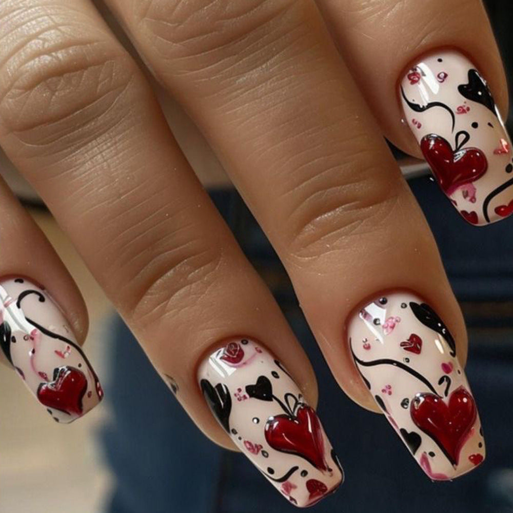 Sweetheart Romance Medium Square Press-On Nail Set in Elegant Pink with Charming Heart Design
