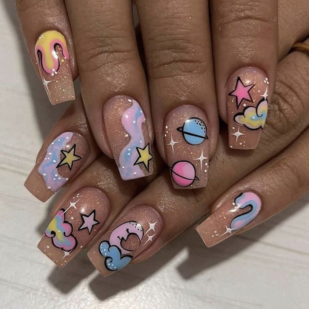 Cosmic Dreamy Medium Square Pastel Glitter Press on Nail Set with Whimsical Planet and Star Designs