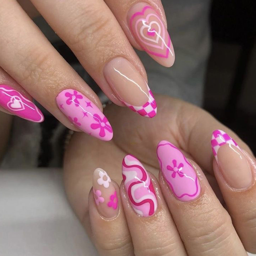 Charming Romance Medium Almond Pink Press on Nail Set with Whimsical Floral and Heart Designs
